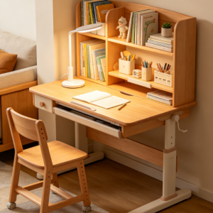 Multi-tiered bookshelf, hand-cranked height-adjustable solid wood children's desk